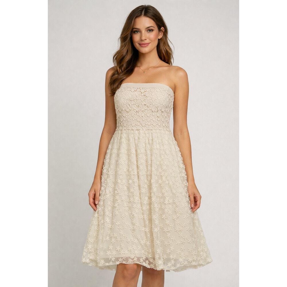 Strapless Lace Midi Dress M Cream Smocked Boho Cottagecore